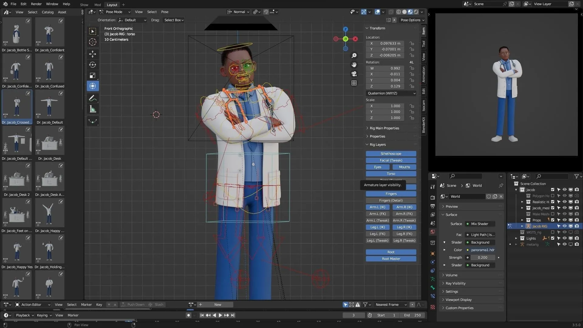 Cartoon Black Doctor Man - Rigged in Blender with advanced face and body rigging system (Rigify)
